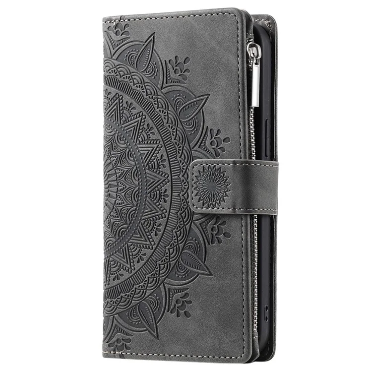 Para Samsung Galaxy S20 Ultra Mandala Flower Imprinted Zipper Pocket Phone Case PU Leather Stand Cover Multiple Card Slots Wallet - Gris