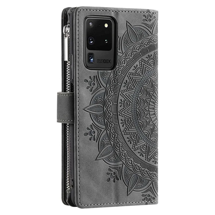 Para Samsung Galaxy S20 Ultra Mandala Flower Imprinted Zipper Pocket Phone Case PU Leather Stand Cover Multiple Card Slots Wallet - Gris