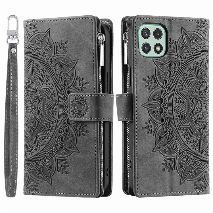 Für Samsung Galaxy A22 5G (eu-version) Drop-proof-telefonhülle Reißverschluss Pocket Wallet Mandala Blume Eingeprägte Pu-lederständer Abdeckung Mehrere Kartensteckplätze - Grau