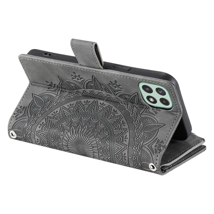Für Samsung Galaxy A22 5G (eu-version) Drop-proof-telefonhülle Reißverschluss Pocket Wallet Mandala Blume Eingeprägte Pu-lederständer Abdeckung Mehrere Kartensteckplätze - Grau