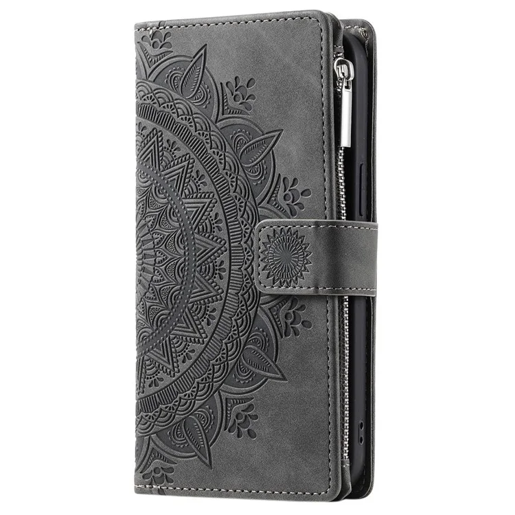Für Samsung Galaxy A22 5G (eu-version) Drop-proof-telefonhülle Reißverschluss Pocket Wallet Mandala Blume Eingeprägte Pu-lederständer Abdeckung Mehrere Kartensteckplätze - Grau