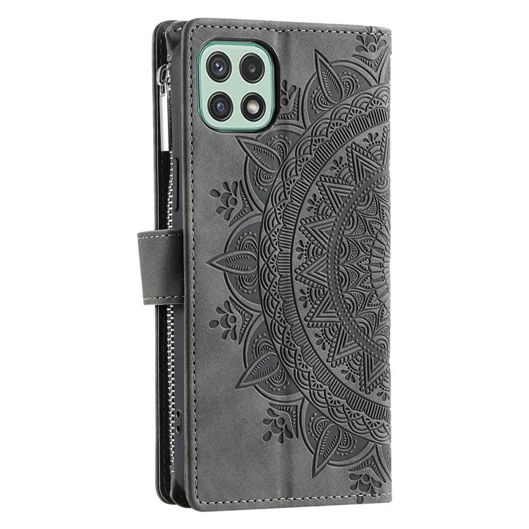 Für Samsung Galaxy A22 5G (eu-version) Drop-proof-telefonhülle Reißverschluss Pocket Wallet Mandala Blume Eingeprägte Pu-lederständer Abdeckung Mehrere Kartensteckplätze - Grau