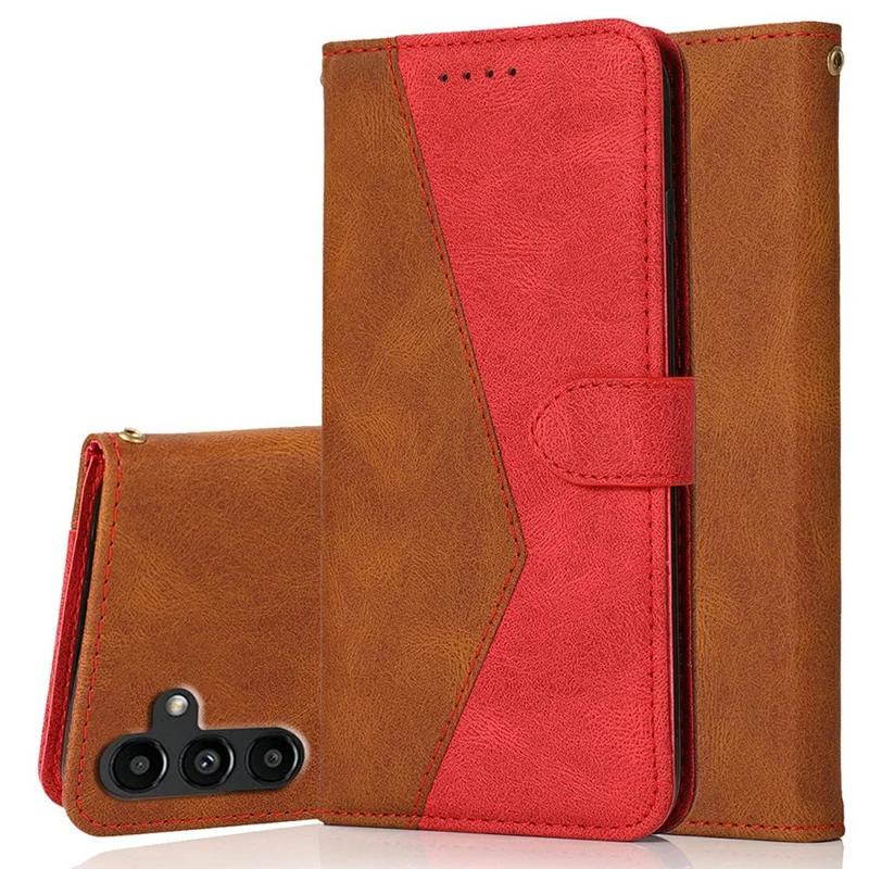 For Samsung Galaxy A57 5G Case Color Splicing Wallet Stand Leather Phone Cover with Wrist Strap - Brown  /  Red
