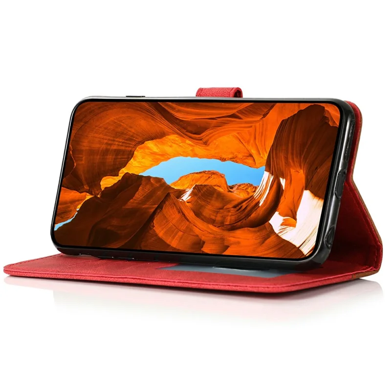 For Samsung Galaxy A57 5G Case Color Splicing Wallet Stand Leather Phone Cover with Wrist Strap - Brown  /  Red