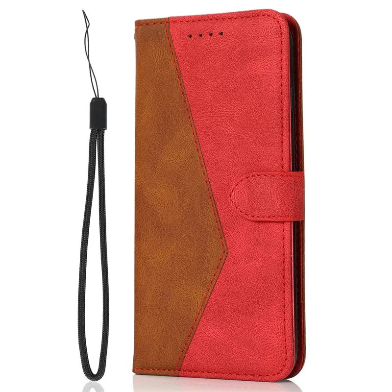 For Samsung Galaxy A57 5G Case Color Splicing Wallet Stand Leather Phone Cover with Wrist Strap - Brown  /  Red