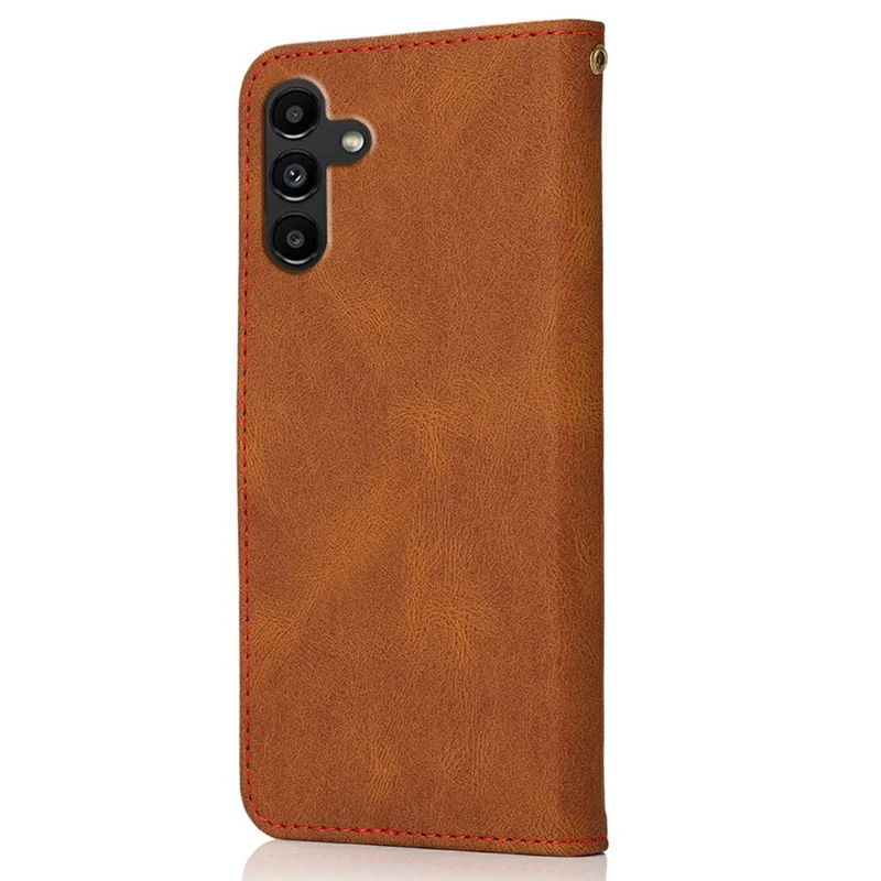 For Samsung Galaxy A57 5G Case Color Splicing Wallet Stand Leather Phone Cover with Wrist Strap - Brown  /  Red