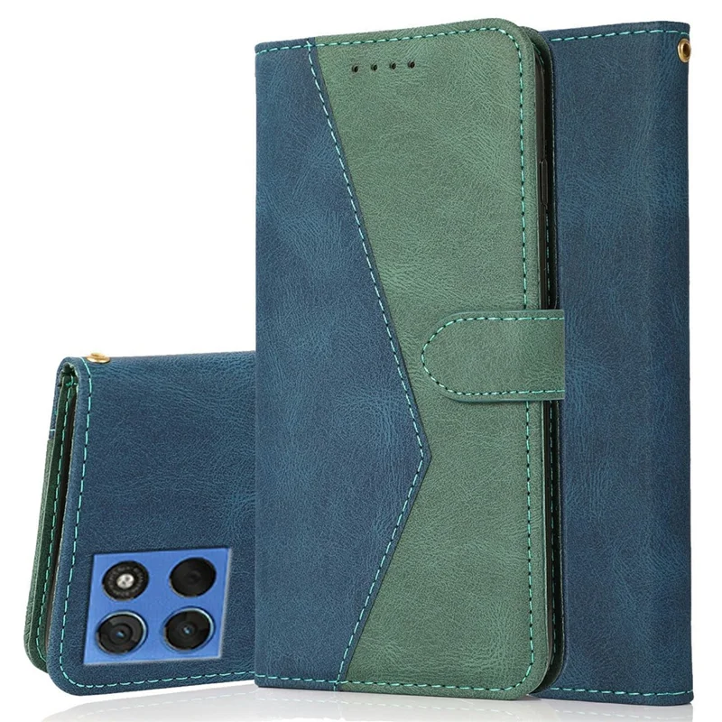 For Motorola Moto G57 5G Case Color Splicing Wallet Stand Leather Phone Cover with Wrist Strap - Blue  /  Green