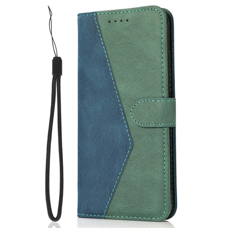 For Motorola Moto G57 5G Case Color Splicing Wallet Stand Leather Phone Cover with Wrist Strap - Blue  /  Green