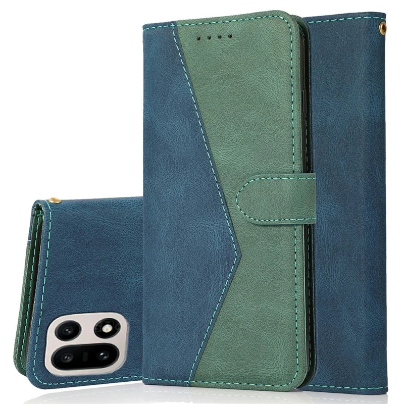 For OnePlus 15 5G Case Color Splicing Wallet Stand Leather Phone Cover with Wrist Strap - Blue / Green