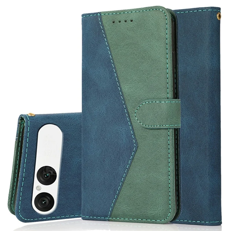For Sony Xperia 10 VII Case Color Splicing Wallet Stand Leather Phone Cover with Wrist Strap - Blue  /  Green