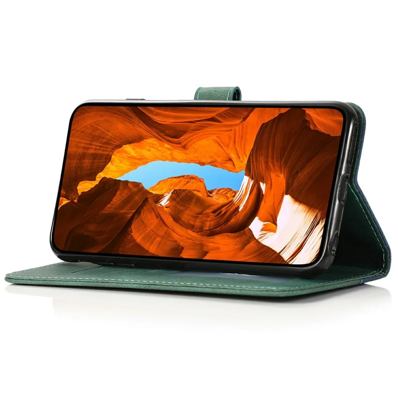 For Sony Xperia 10 VII Case Color Splicing Wallet Stand Leather Phone Cover with Wrist Strap - Blue  /  Green