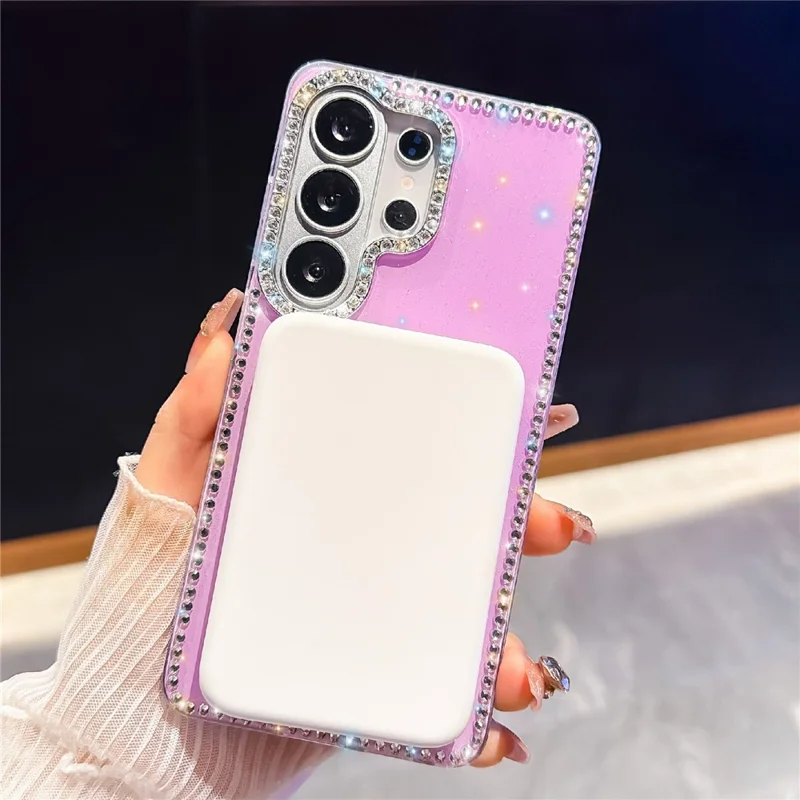 For Samsung Galaxy S24 Ultra Magnetic Case Rhinestone Edge Glitter Back TPU + PC IMD Phone Cover - Glitter Transparent