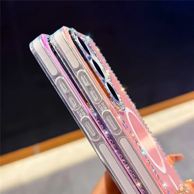 For Samsung Galaxy S24 Ultra Magnetic Case Rhinestone Edge Glitter Back TPU + PC IMD Phone Cover - Glitter Transparent
