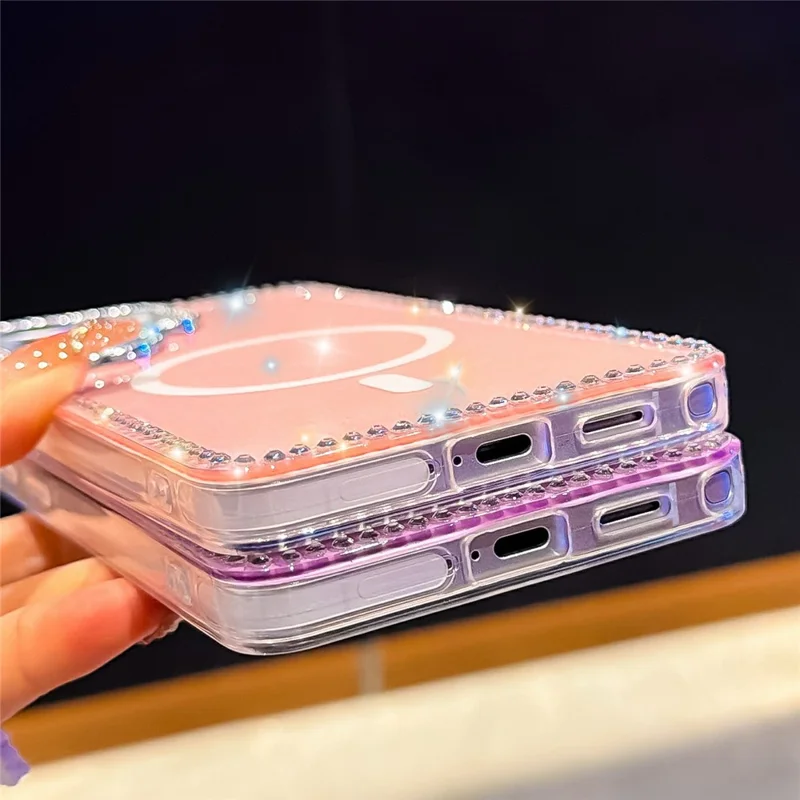 For Samsung Galaxy S24 Ultra Magnetic Case Rhinestone Edge Glitter Back TPU + PC IMD Phone Cover - Glitter Transparent