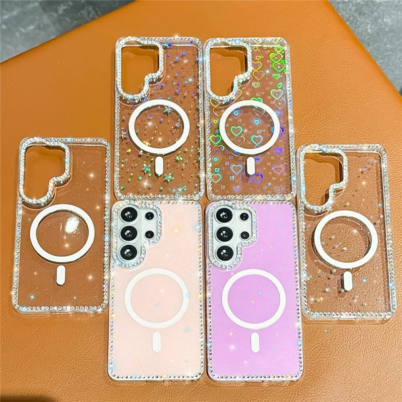 For Samsung Galaxy S24 Ultra Magnetic Case Rhinestone Edge Glitter Back TPU + PC IMD Phone Cover - Glitter Transparent
