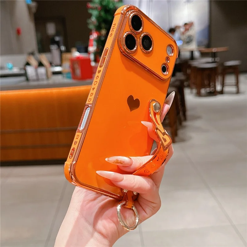 For iPhone 17 Pro Max Case Wristband Kickstand Electroplated Love Heart TPU Phone Cover Finger Holder - Orange