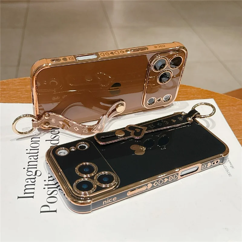 For iPhone 17 Pro Max Case Wristband Kickstand Electroplated Love Heart TPU Phone Cover Finger Holder - Orange