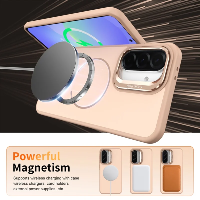 For Samsung Galaxy A35 5G Case Skin-touch PC + TPU Magnetic Phone Cover with Lens Frame Kickstand - Desert Gold