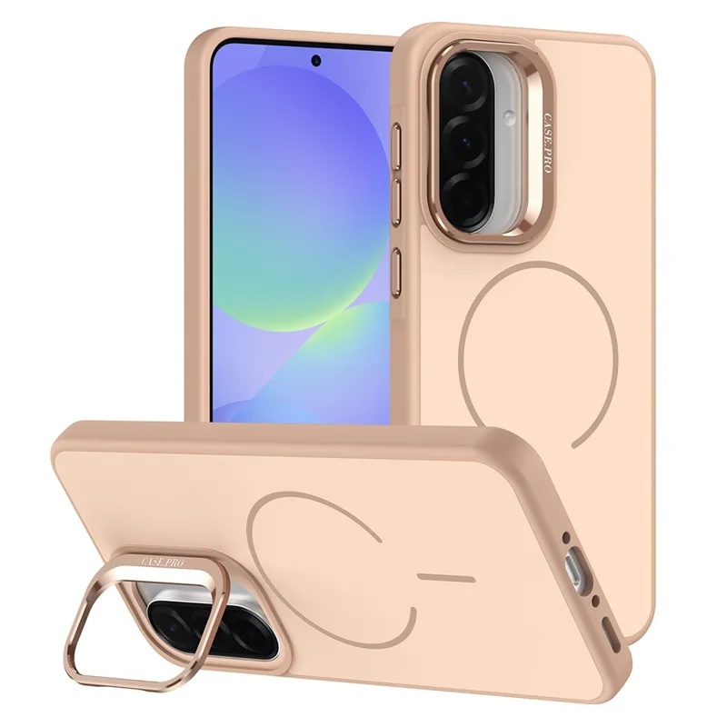 For Samsung Galaxy A34 5G Case Skin-touch PC + TPU Magnetic Phone Cover with Lens Frame Kickstand - Desert Gold