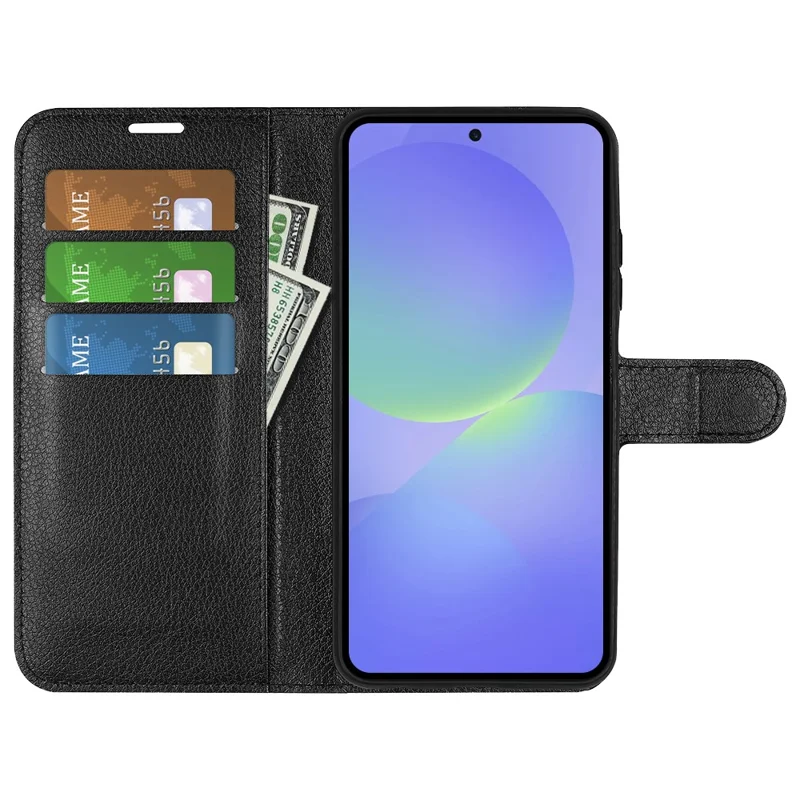 Handytasche für Samsung Galaxy A37 mit Ständer, Ledertasche mit Litschi-Struktur, stoßfest, Brieftasche Handyhülle - Schwarz