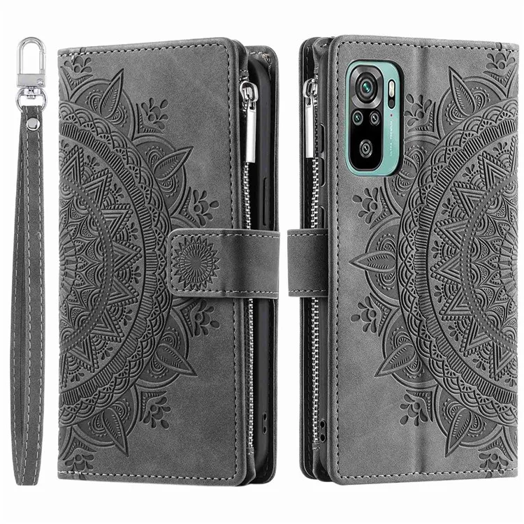For Xiaomi Redmi Note 10 4G / Note 10S 4G / Poco M5s 4G Anti-scratch Phone Case Mandala Flower Imprinted PU Leather Stand Zipper Pocket Cover Multiple Card Slots Wallet - Grey