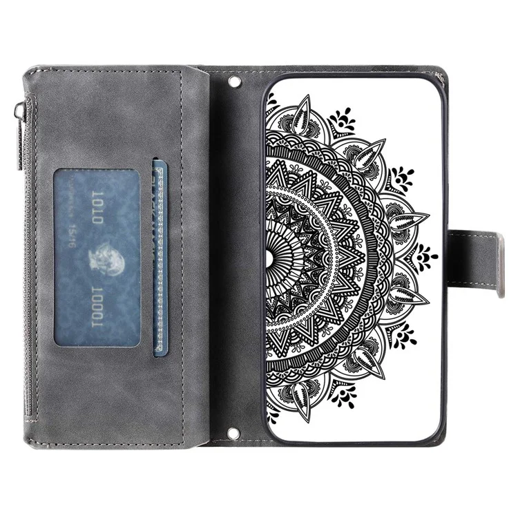 For Xiaomi Redmi Note 10 4G / Note 10S 4G / Poco M5s 4G Anti-scratch Phone Case Mandala Flower Imprinted PU Leather Stand Zipper Pocket Cover Multiple Card Slots Wallet - Grey