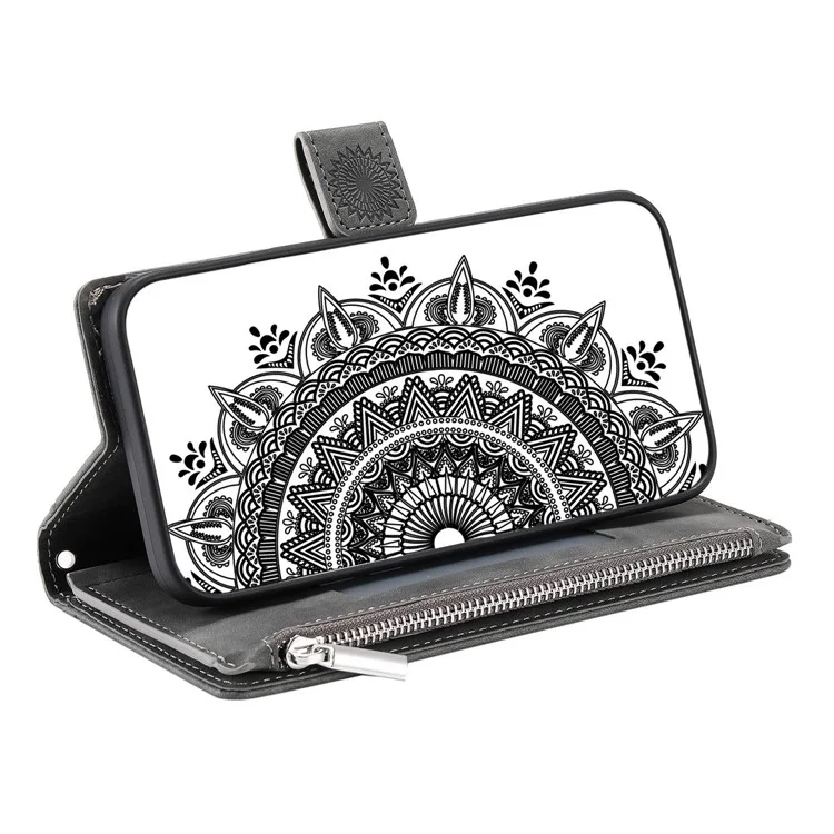 For Xiaomi Redmi Note 10 4G / Note 10S 4G / Poco M5s 4G Anti-scratch Phone Case Mandala Flower Imprinted PU Leather Stand Zipper Pocket Cover Multiple Card Slots Wallet - Grey