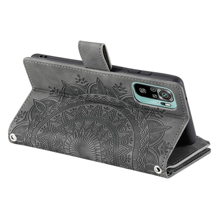 For Xiaomi Redmi Note 10 4G / Note 10S 4G / Poco M5s 4G Anti-scratch Phone Case Mandala Flower Imprinted PU Leather Stand Zipper Pocket Cover Multiple Card Slots Wallet - Grey
