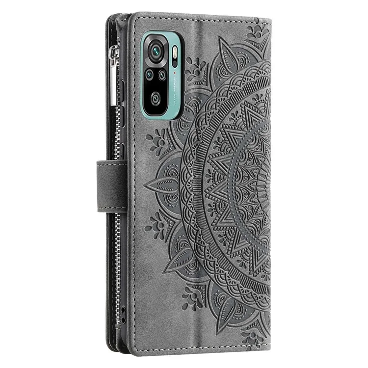 For Xiaomi Redmi Note 10 4G / Note 10S 4G / Poco M5s 4G Anti-scratch Phone Case Mandala Flower Imprinted PU Leather Stand Zipper Pocket Cover Multiple Card Slots Wallet - Grey