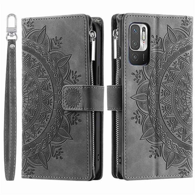 Mehrere Kartensteckplätze Telefonkoffer Für Xiaomi Redmi Anmerkung 10 5G/Note 10T 5g/poco M3 Pro 5G/Poco M3 Pro 4G Mandala Blume Eingeprägter PU Leder Reißverschluss Taschenbrieftaschenabdeckung - Grau