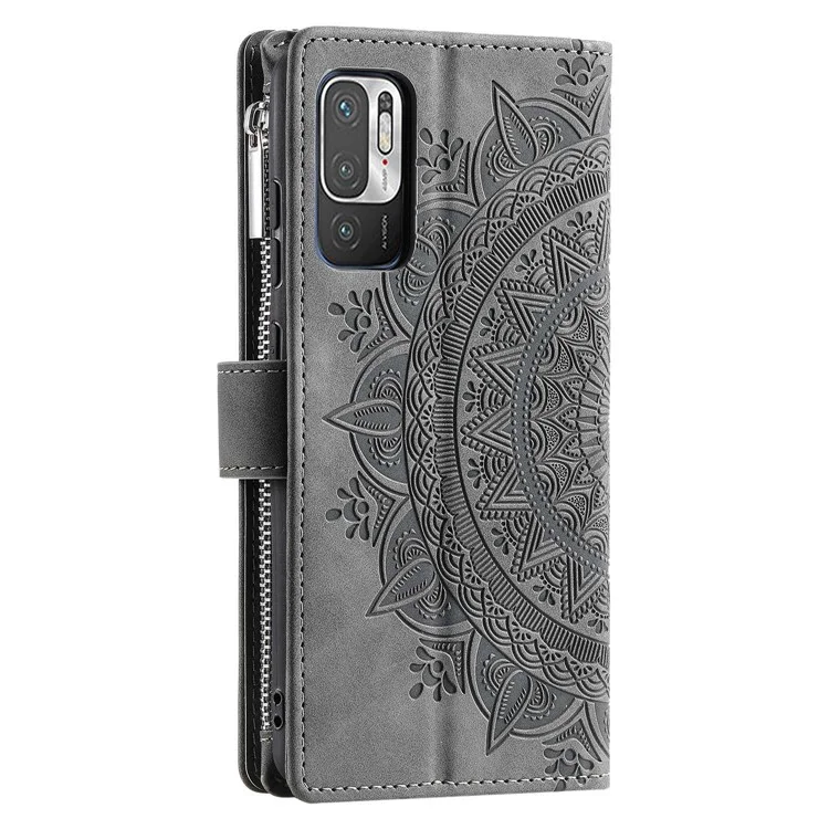 Mehrere Kartensteckplätze Telefonkoffer Für Xiaomi Redmi Anmerkung 10 5G/Note 10T 5g/poco M3 Pro 5G/Poco M3 Pro 4G Mandala Blume Eingeprägter PU Leder Reißverschluss Taschenbrieftaschenabdeckung - Grau