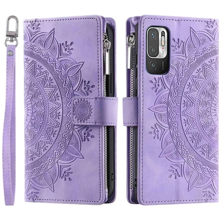Custodia Per Telefoni a Slot Multipli Per Xiaomi Redmi Nota 10 5G / Nota 10T 5G / Poco M3 Pro 5G / Poco M3 Pro 4G Mandala Flower Esprinted PU Coperchio Pocchetto Cappina - Viola