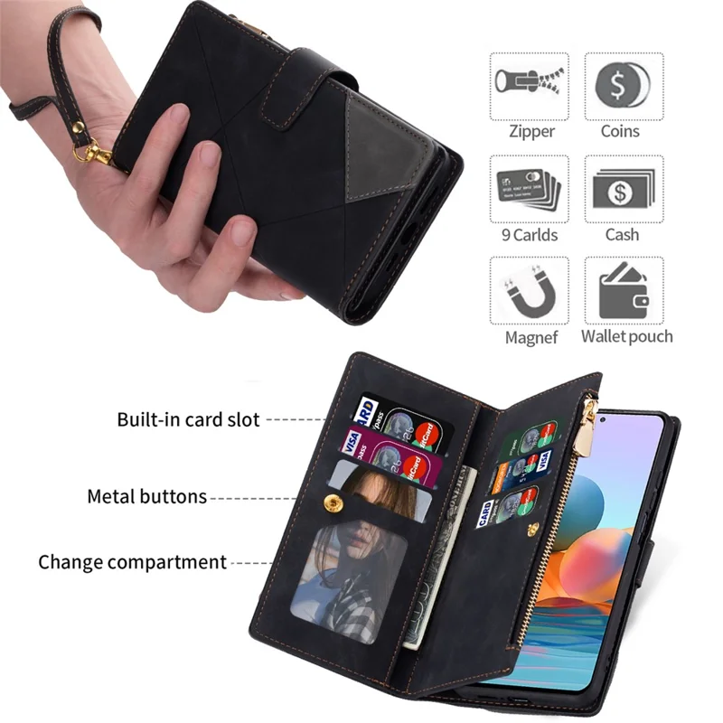For Samsung Galaxy S26 Wallet Case Color Splicing Leather Phone Cover with Stand - Black
