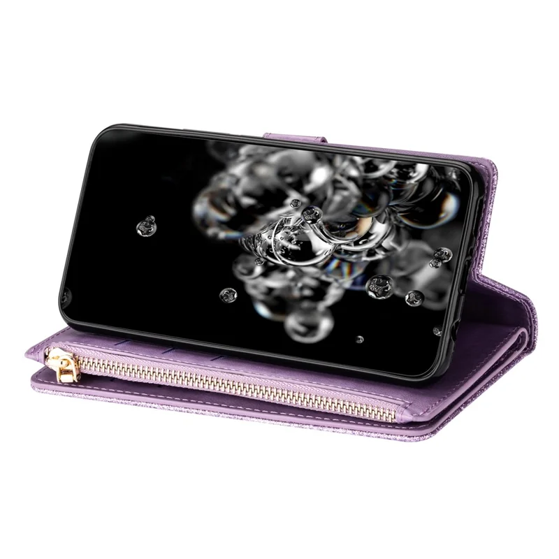 Funda para Samsung Galaxy S26+ con diseño de cielo estrellado, grabado en cuero tipo cartera con correa para muñeca - Morado