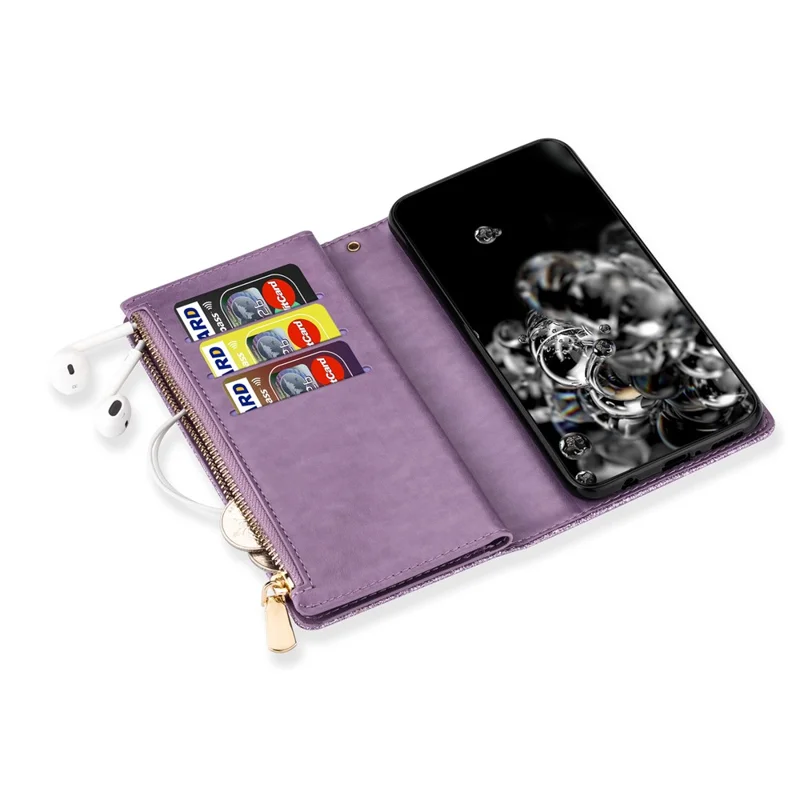 Funda para Samsung Galaxy S26+ con diseño de cielo estrellado, grabado en cuero tipo cartera con correa para muñeca - Morado