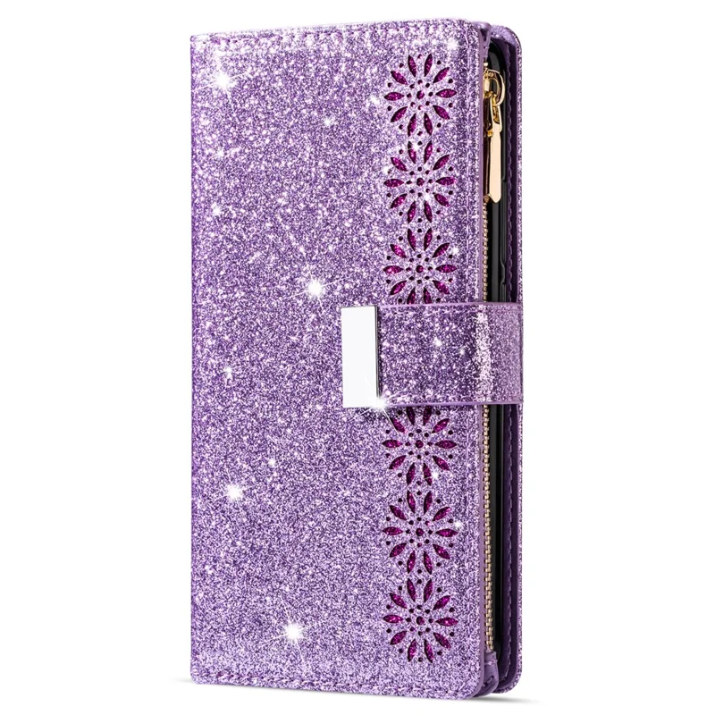 Funda para Samsung Galaxy S26+ con diseño de cielo estrellado, grabado en cuero tipo cartera con correa para muñeca - Morado