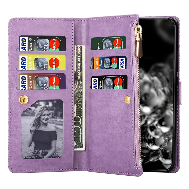 For Samsung Galaxy S26 Case Starry Sky Carving Leather Wallet Phone Cover with Wrist Strap - Purple