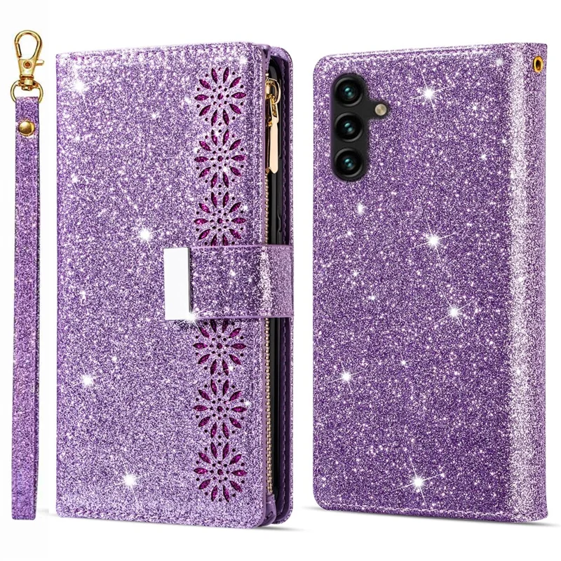 For Samsung Galaxy A57 5G Case Starry Sky Carving Leather Wallet Phone Cover with Wrist Strap - Purple