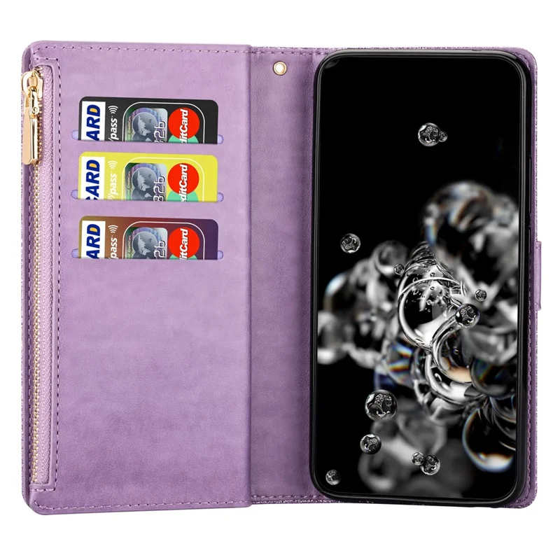 Funda para Samsung Galaxy S25 FE con diseño de cielo estrellado, grabado en cuero tipo cartera con correa para muñeca - Morado