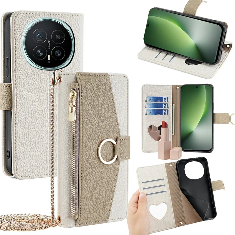 Cover per Honor Magic8 5G con Specchio, Portafoglio, Pelle, con Tracolla a Catena - Bianco