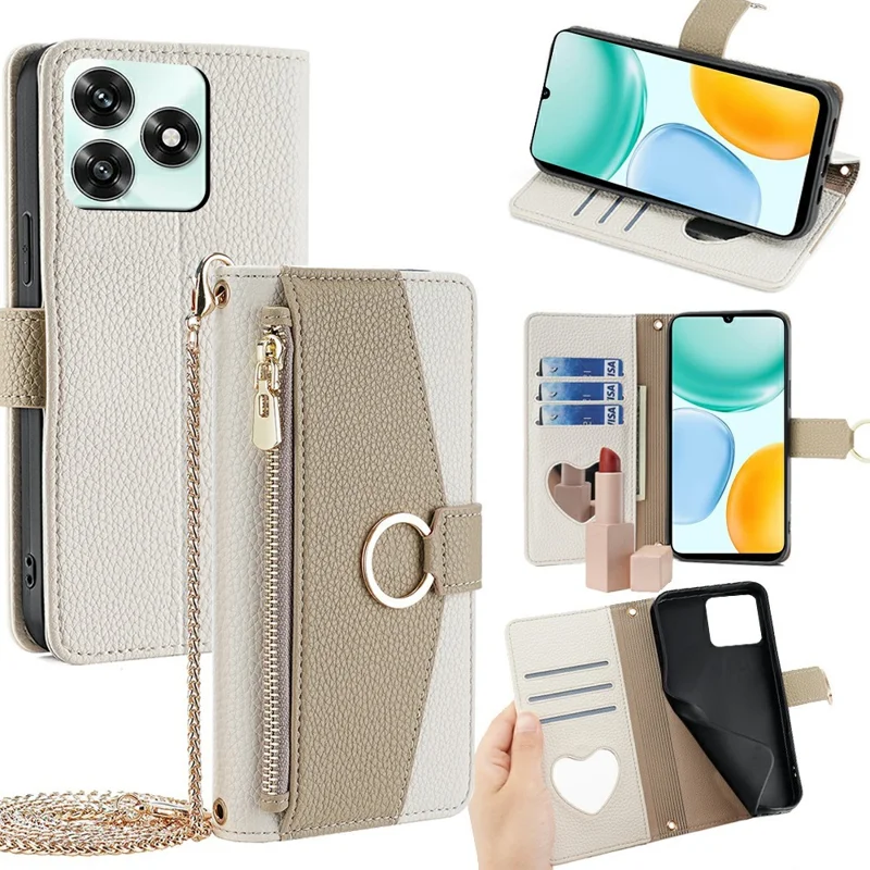 For Honor X5c 4G Case Mirror Wallet Leather Phone Cover with Chain Shoulder Strap - White