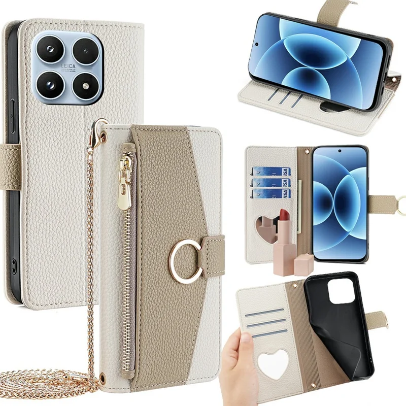 For Xiaomi 17 Case Mirror Wallet Leather Phone Cover with Chain Shoulder Strap - White