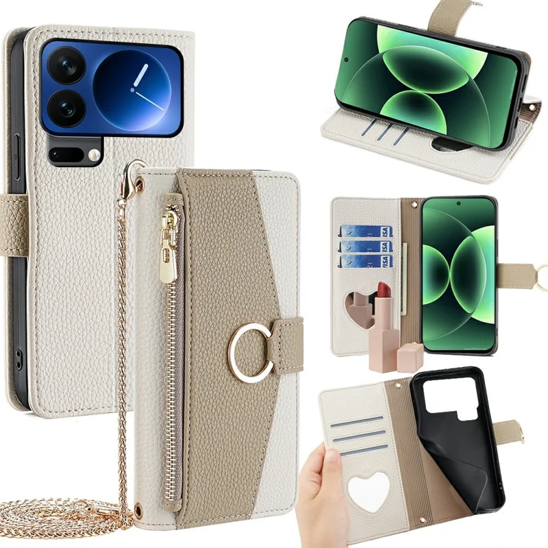 For Xiaomi 17 Pro Max Case Mirror Wallet Leather Phone Cover with Chain Shoulder Strap - White