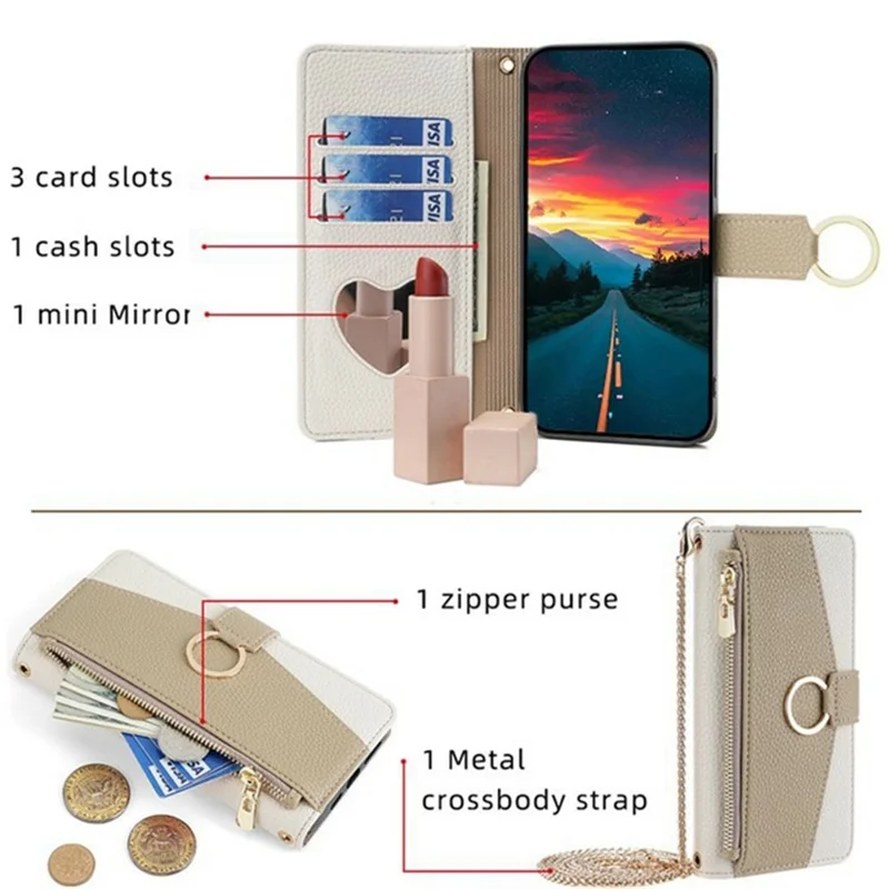 For OnePlus 15 5G Case Mirror Wallet Leather Phone Cover with Chain Shoulder Strap - White