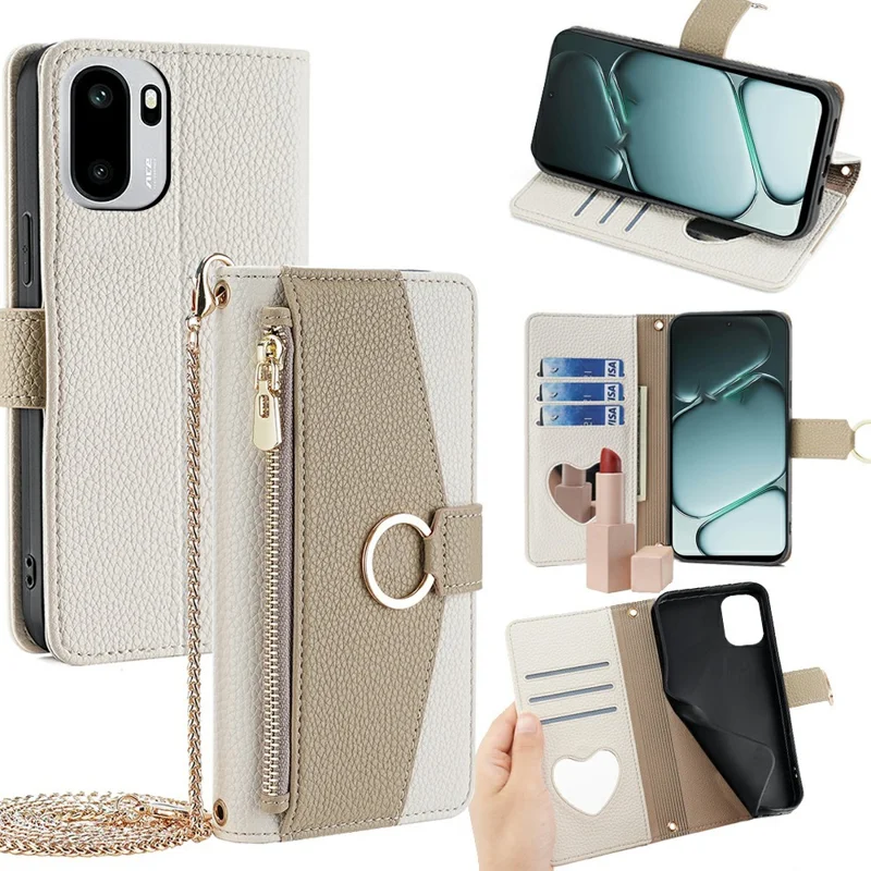 For OnePlus Ace 6T 5G / Ace 6 5G Case Mirror Wallet Leather Phone Cover with Chain Shoulder Strap - White