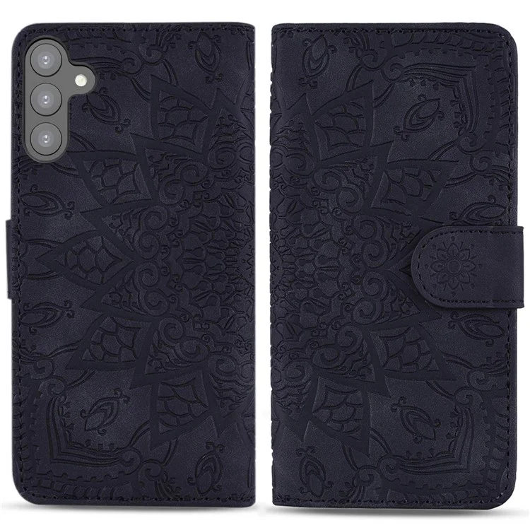 Per Samsung Galaxy S23+ Fall-proof Stand Shell, Imprint Flower Phone Cover Wallet Design Calf Texture Leather Cover - Black