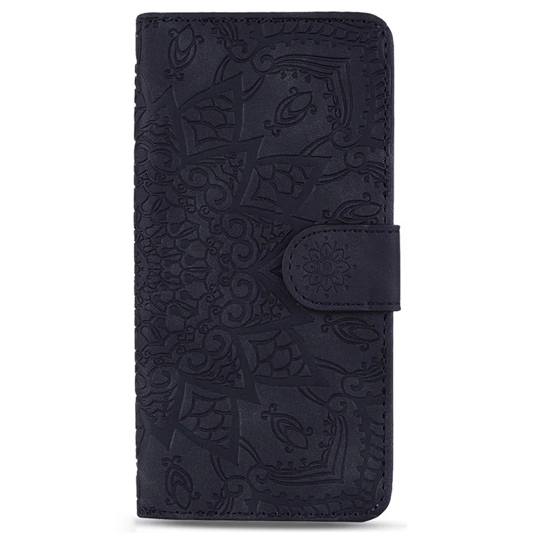 Per Samsung Galaxy S23+ Fall-proof Stand Shell, Imprint Flower Phone Cover Wallet Design Calf Texture Leather Cover - Black