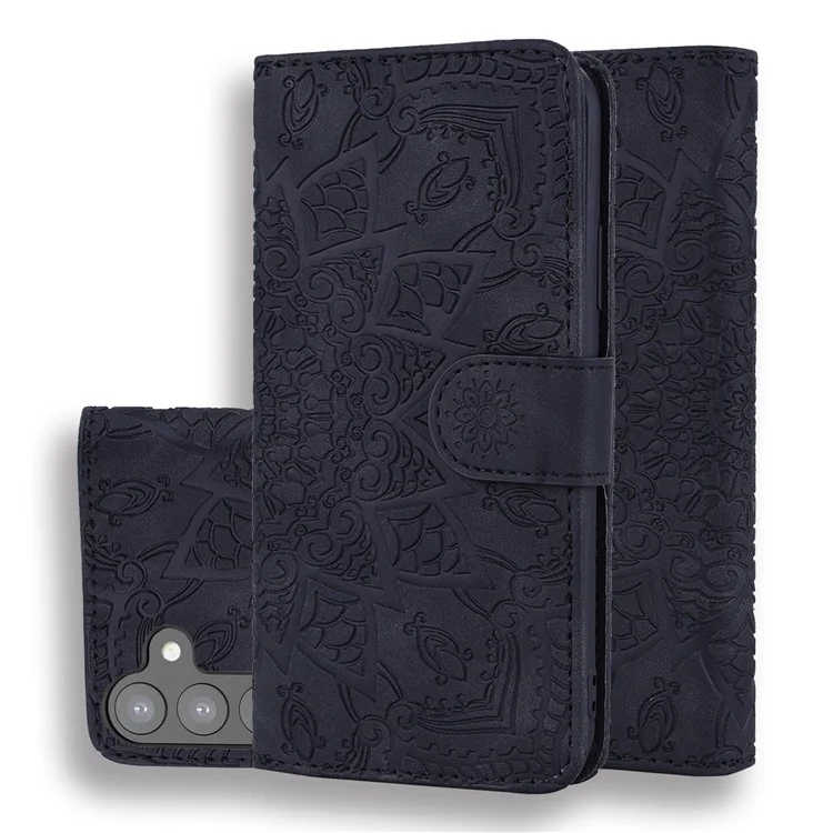 Per Samsung Galaxy S23+ Fall-proof Stand Shell, Imprint Flower Phone Cover Wallet Design Calf Texture Leather Cover - Black