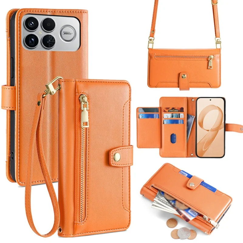 For Xiaomi Poco F8 Ultra / Redmi K90 Pro Max 5G Leather Case Zipper Pocket Wallet Phone Cover with 2 Straps - Orange