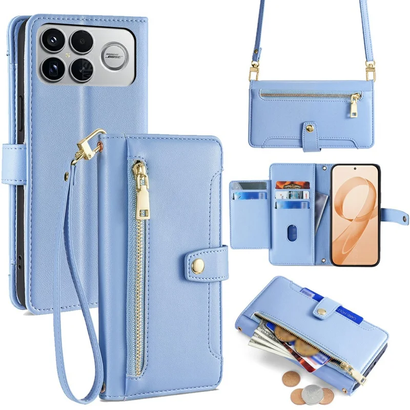 For Xiaomi Poco F8 Ultra / Redmi K90 Pro Max 5G Leather Case Zipper Pocket Wallet Phone Cover with 2 Straps - Blue